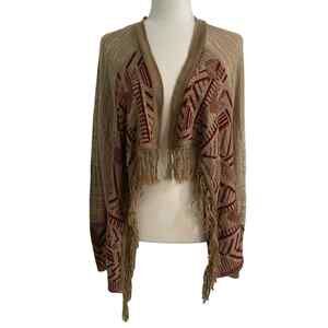 Open Front Cardigan Sweater Small Women's Kimono Brown Long Sleeve Fringe